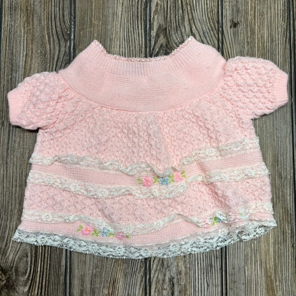 Vintage Little Angel Pink Knit Baby Sweater Lace Trim Floral Embroidered